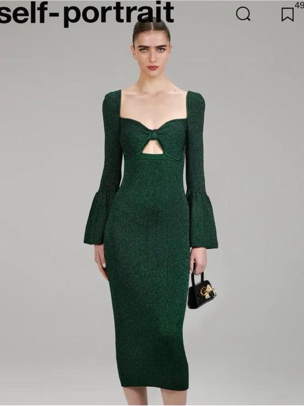 Self-Portrait Dark Green Cutout Knit Midi Dress